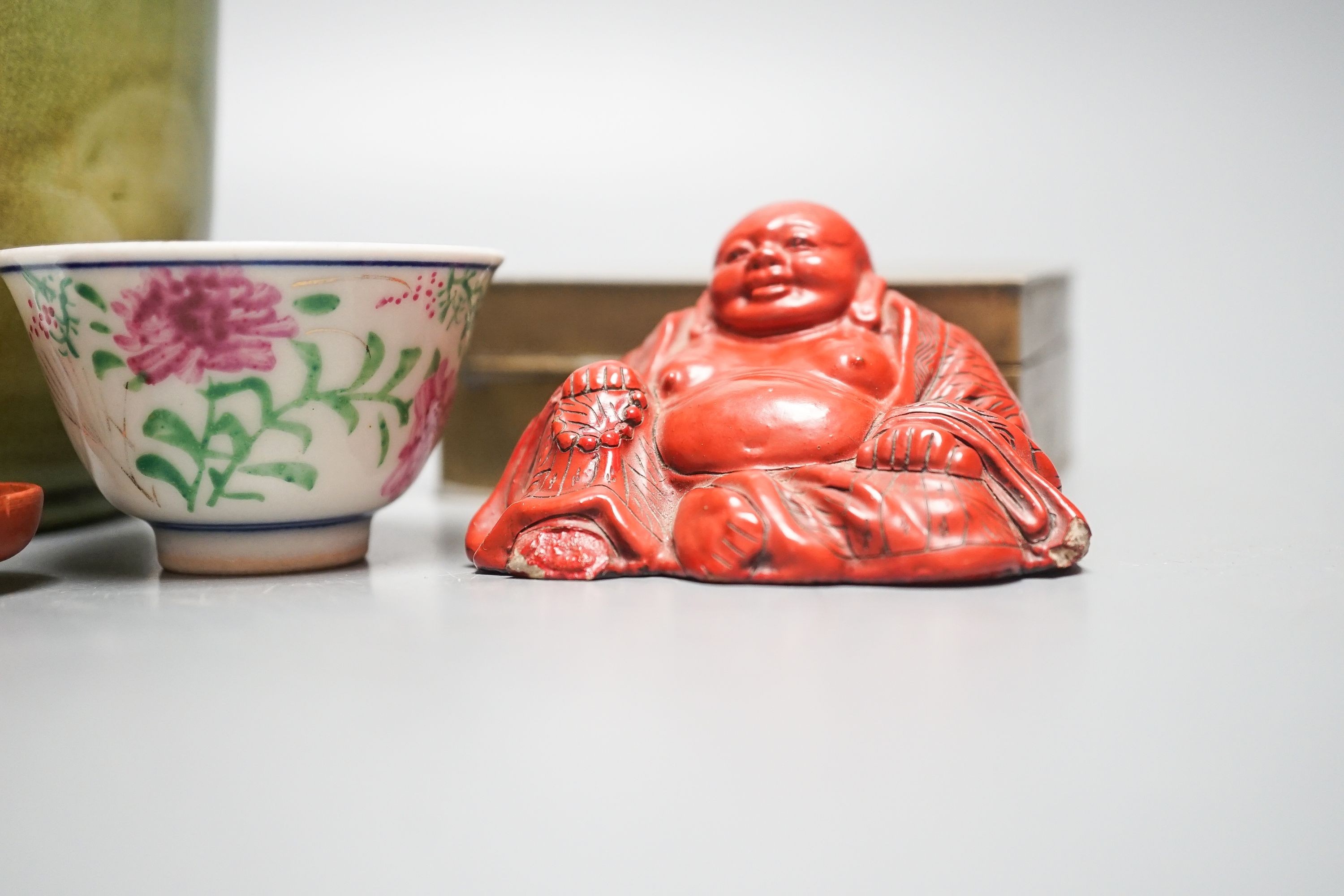 Assorted Chinese ceramics, a lacquered composition figure of Budai and a brass box, 10.3cm